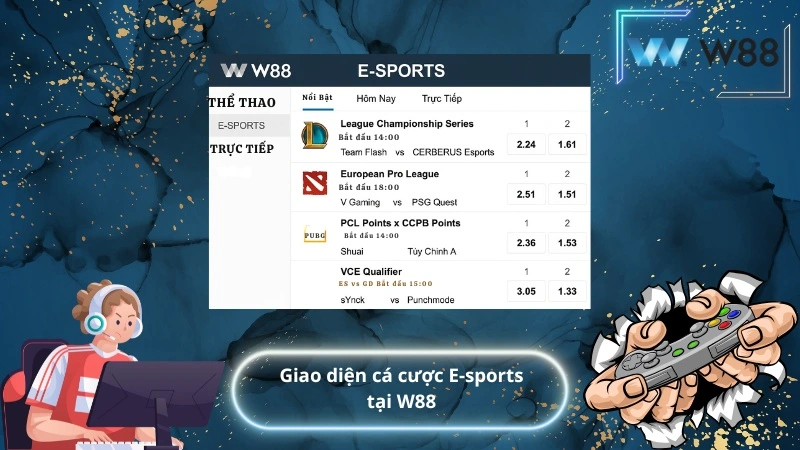 Giao diện cá cược E-sports tại W88