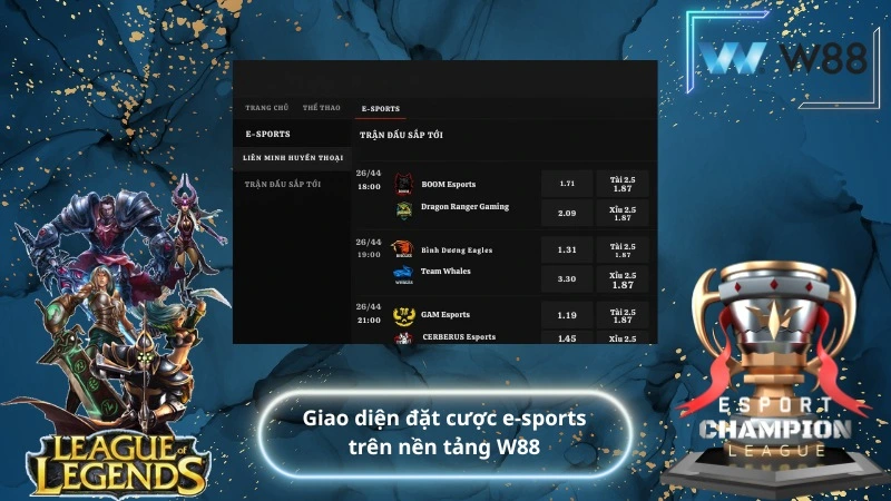 Giao diện đặt cược e-sports trên nền tảng W88
