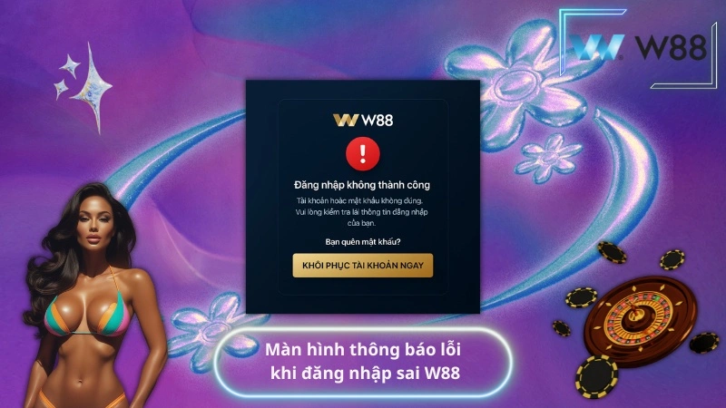 Màn hình thông báo lỗi khi đăng nhập sai W88