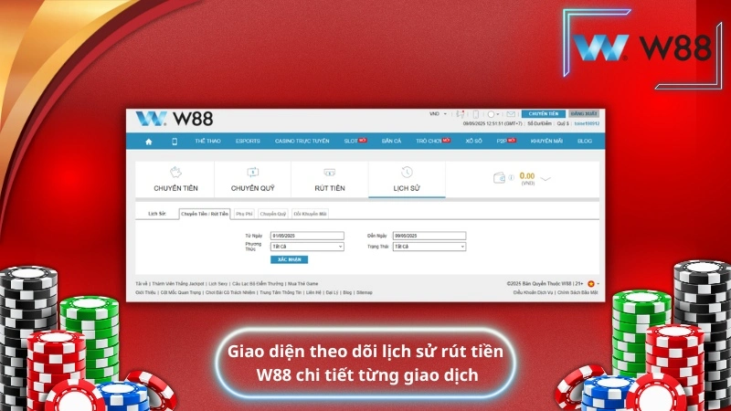 iao diện theo dõi lịch sử rút tiền W88 chi tiết từng giao dịch